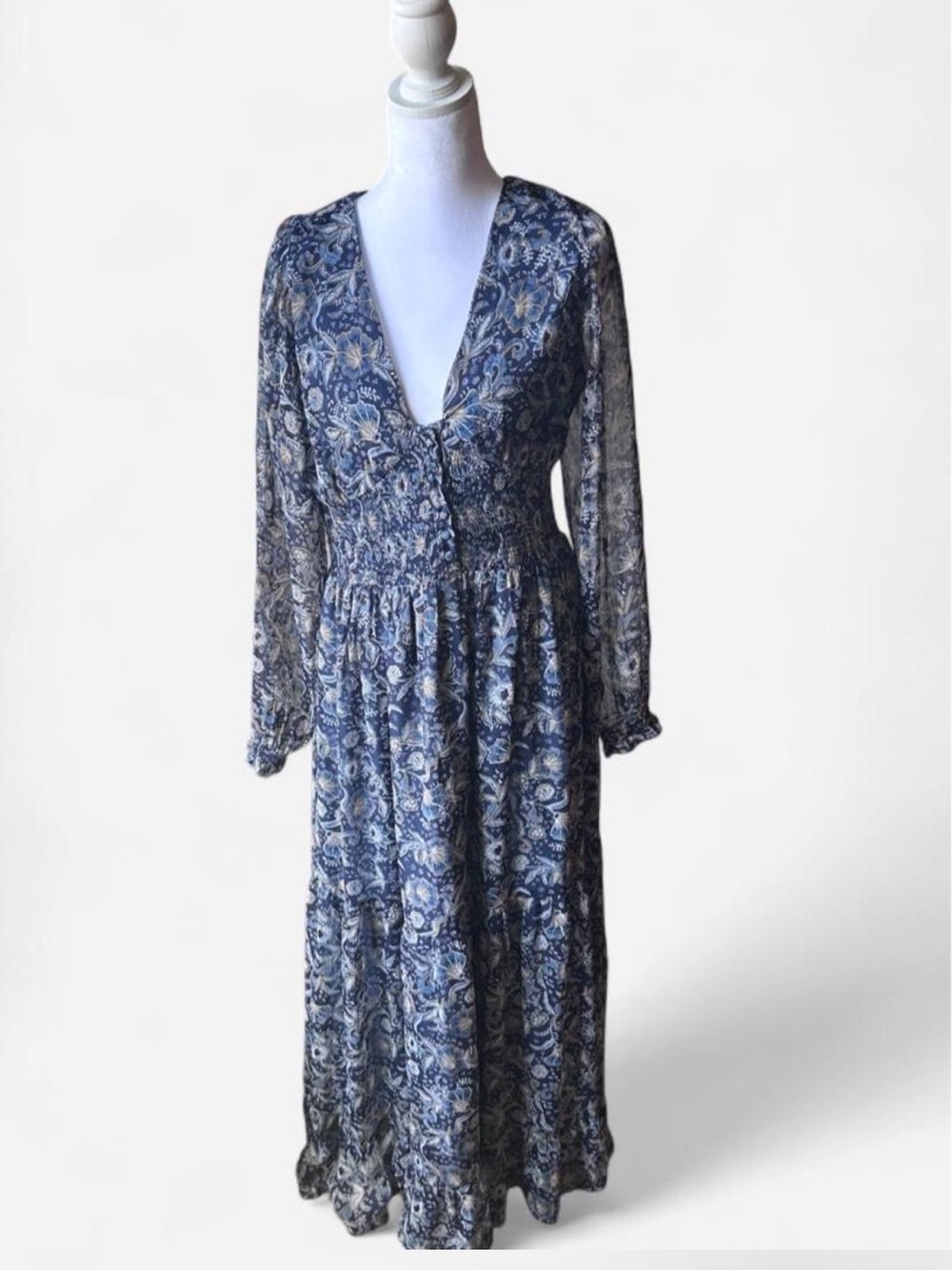 Blue Paisley Long Sleeve V-Neck Maxi Dress